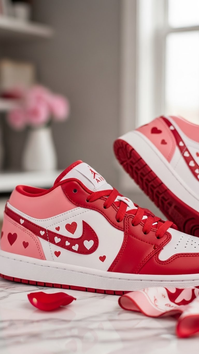 Close-up shot of Air Jordan 1 Low Valentine's Day sneakers showcasing patent leather finish in washed coral and gym red colors on marble surface