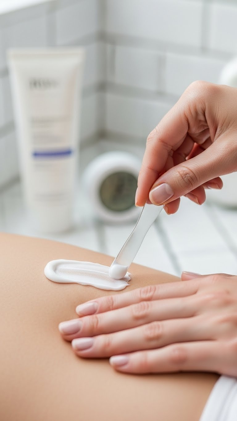 Close-up shot of woman applying white depilatory cream to pubic region with spatula tool