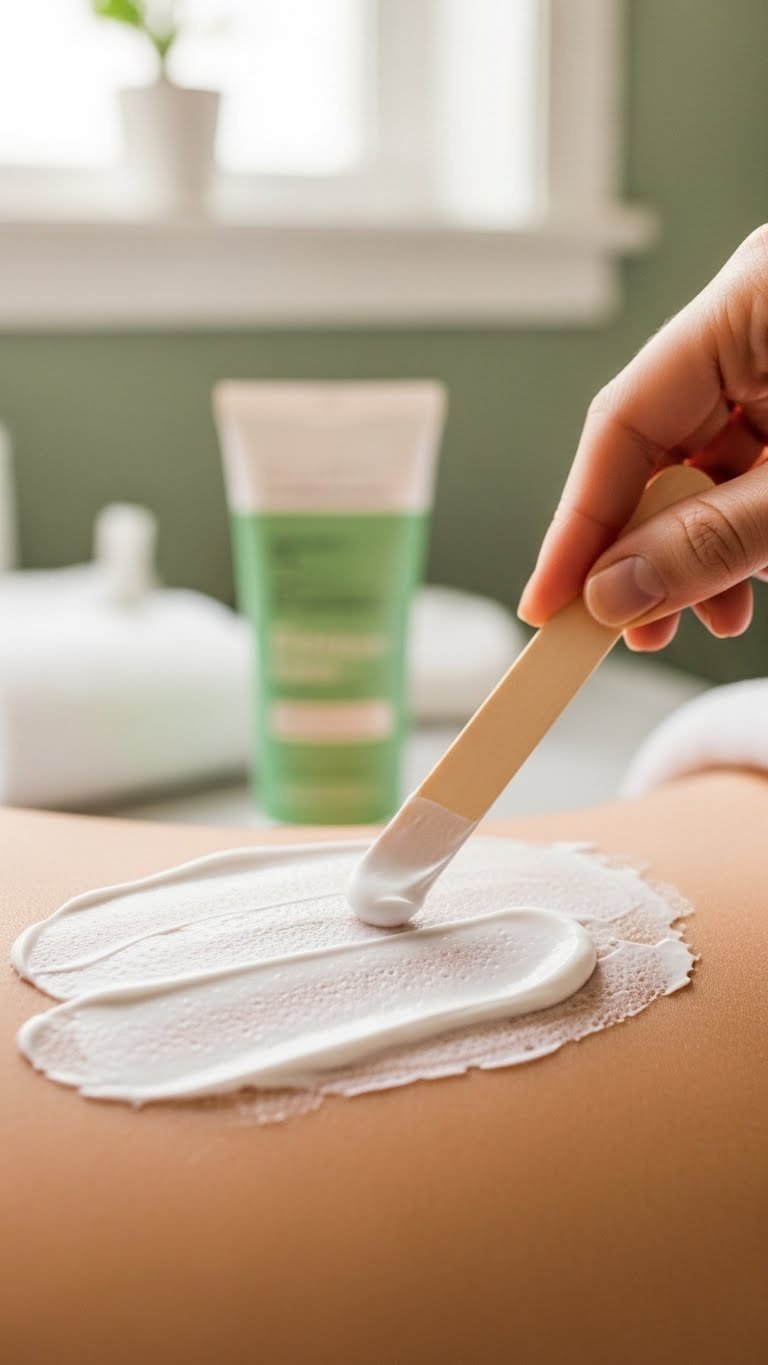 Close-up showing thick layer of depilatory cream applied with spatula on discreet body area
