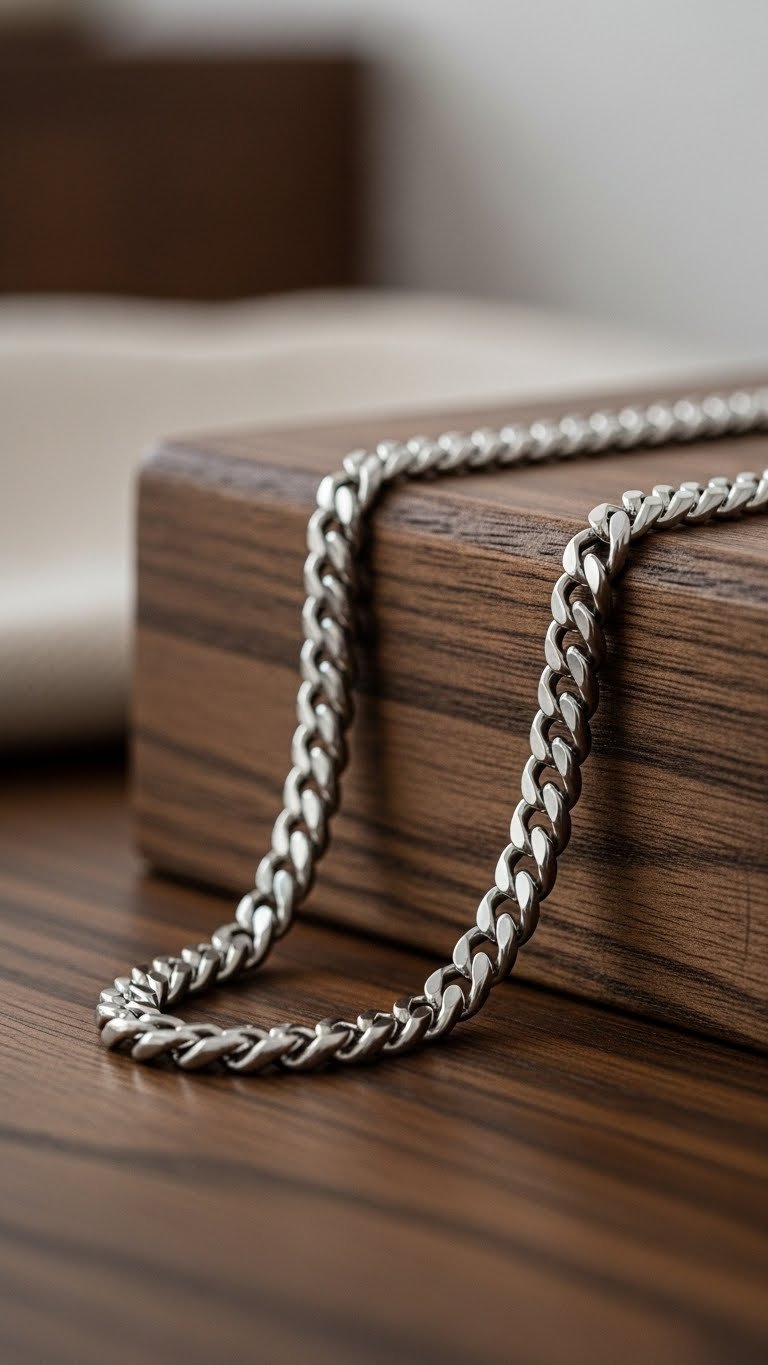 Close-up silver Cuban link chain necklace on polished dark wood with soft bokeh background in minimalist lifestyle photography