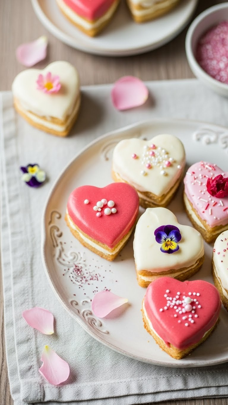 Cluster of pastel pink mini heart-shaped cakes with edible pearls on vintage ceramic platter with flower petals