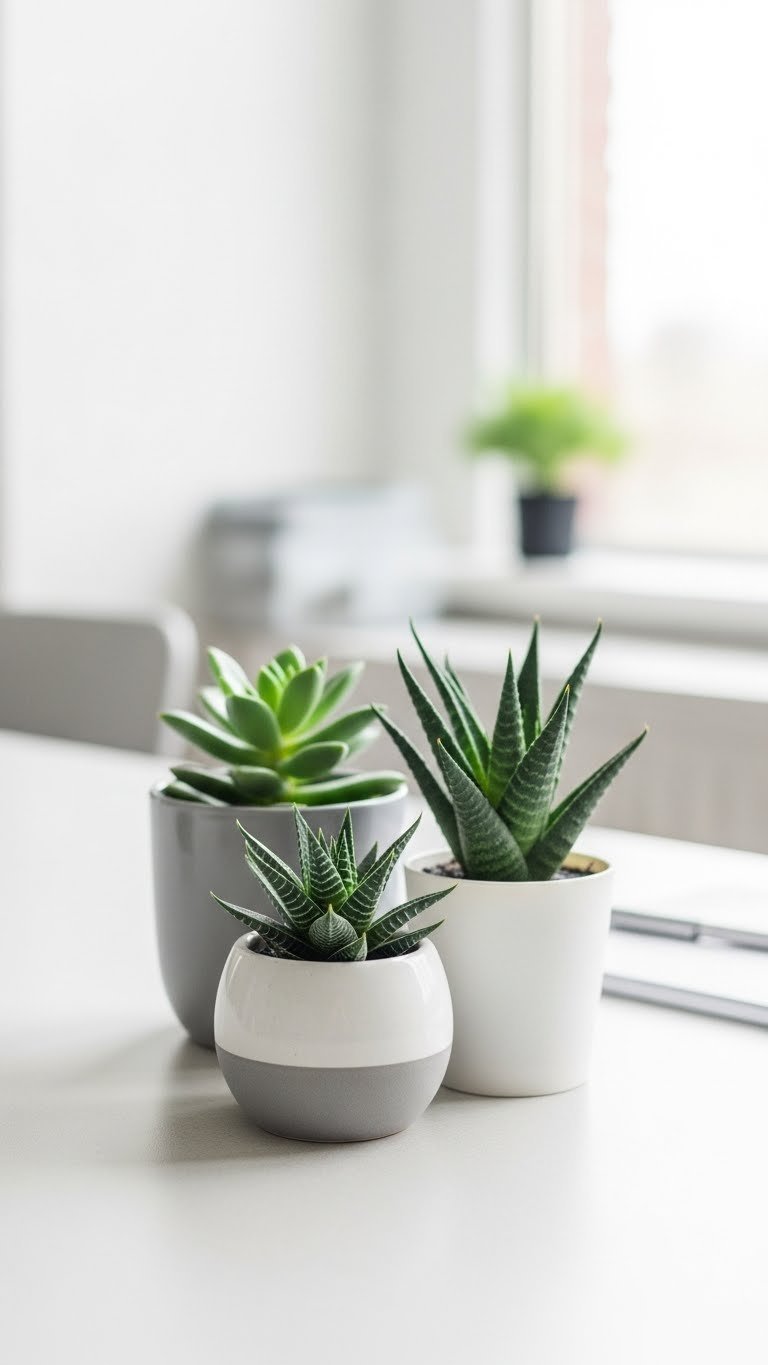Cluster of small succulents in ceramic pots on light-colored desk with vibrant green foliage