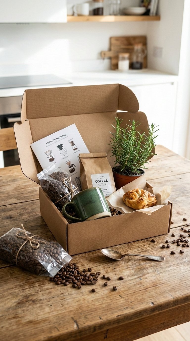Coffee connoisseur subscription box open on rustic wooden table with artisanal beans and brewing accessories