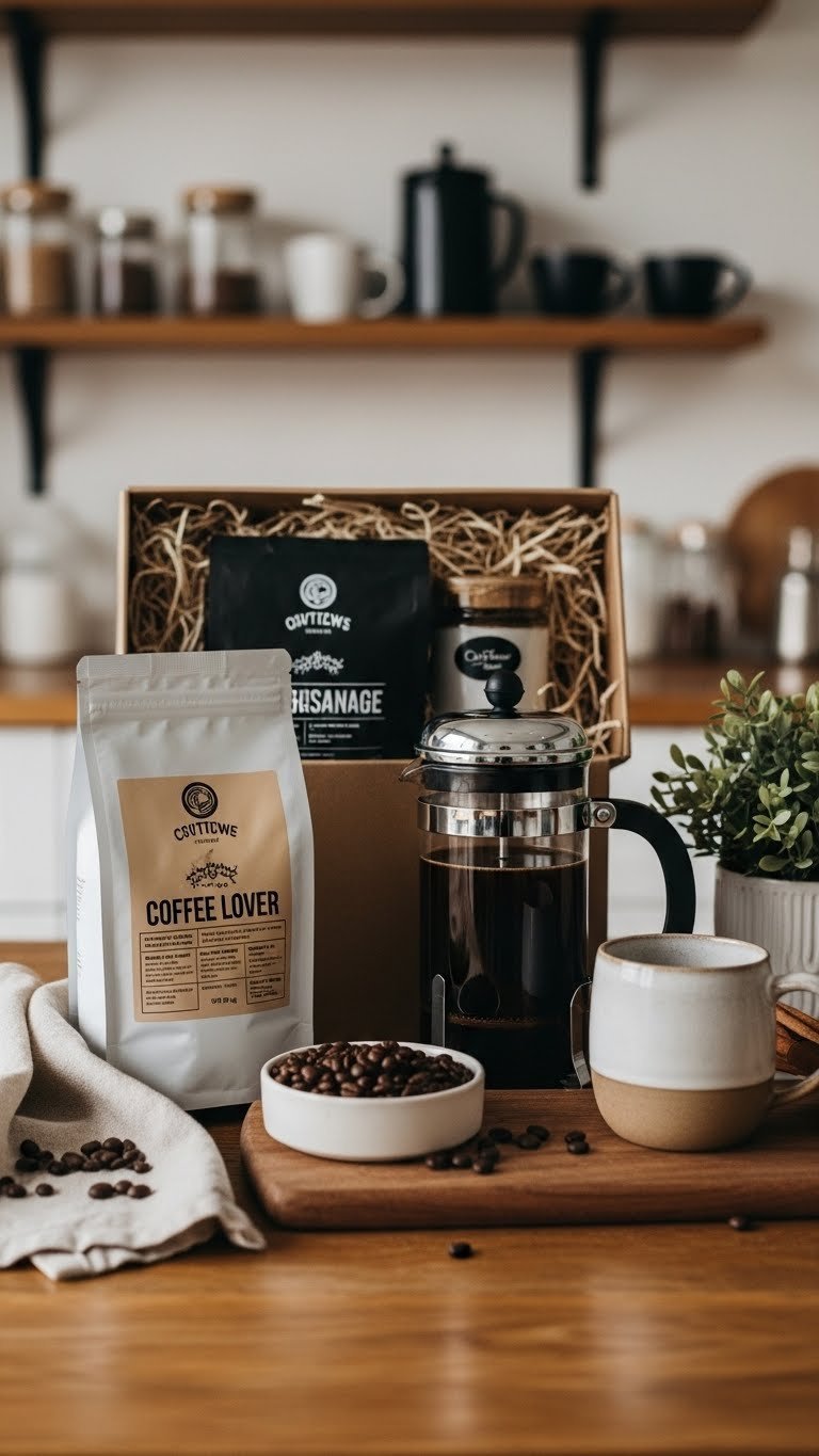 Coffee lover gift basket featuring artisanal beans, French press, and ceramic mug on rustic wooden table with kitchen backdrop