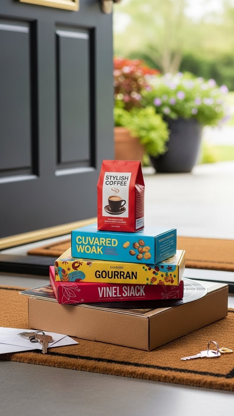 Coffee subscription box, gourmet snack box, and vinyl record club delivery stacked on doormat