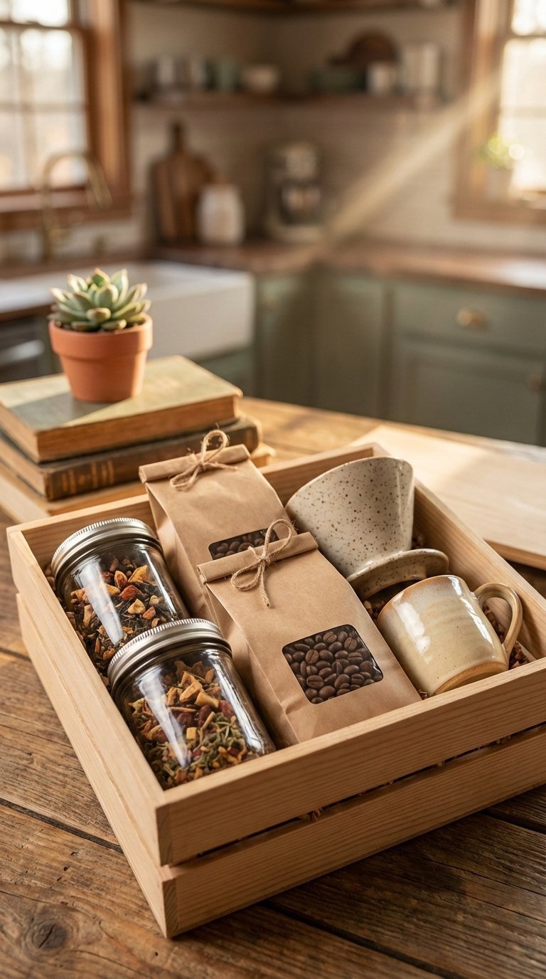Coffee subscription box with gourmet beans and brewing accessories displayed on rustic wooden table.