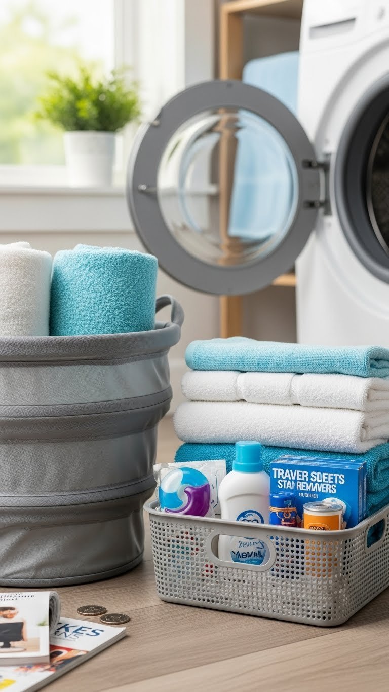 Collapsible laundry hamper with detergent pods and folded towels ready for dorm laundry day