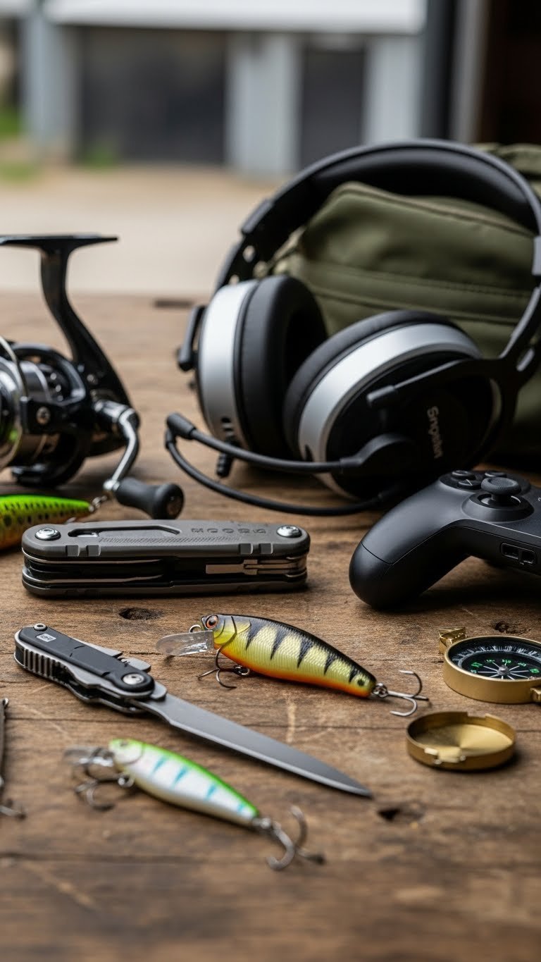 Collection of fishing lures, rugged multi-tool, and noise-canceling headphones on weathered wooden workbench
