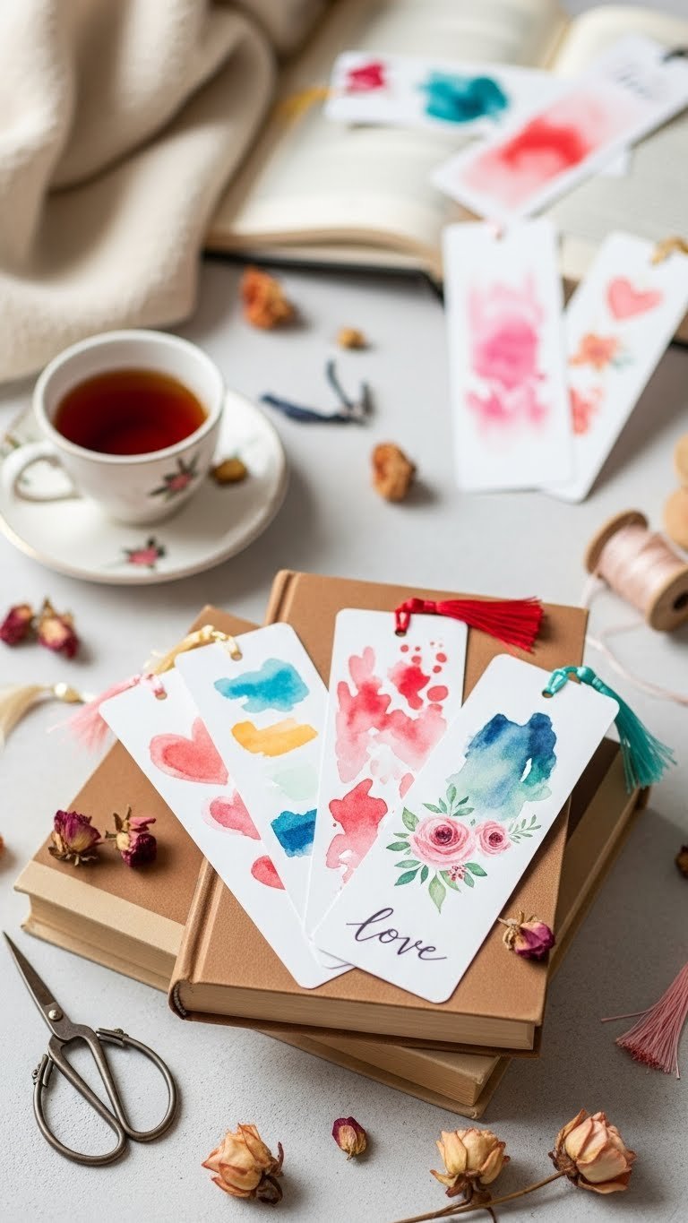 Collection of handmade watercolor Valentine bookmarks with tassels arranged on stacked books