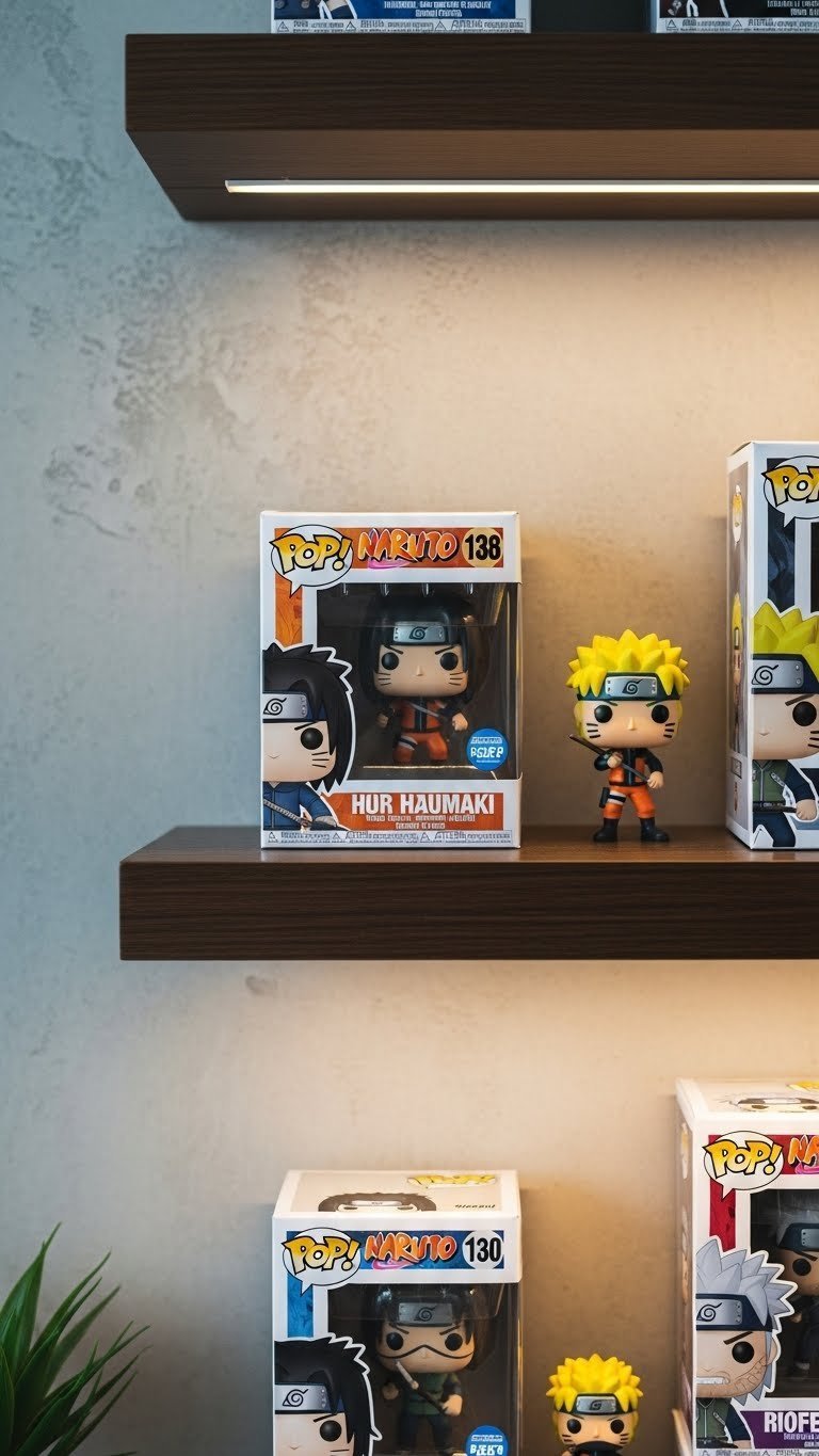 Collection of iconic Naruto Funko Pop figures arranged on dark wood display shelf with vibrant colors against neutral gray background