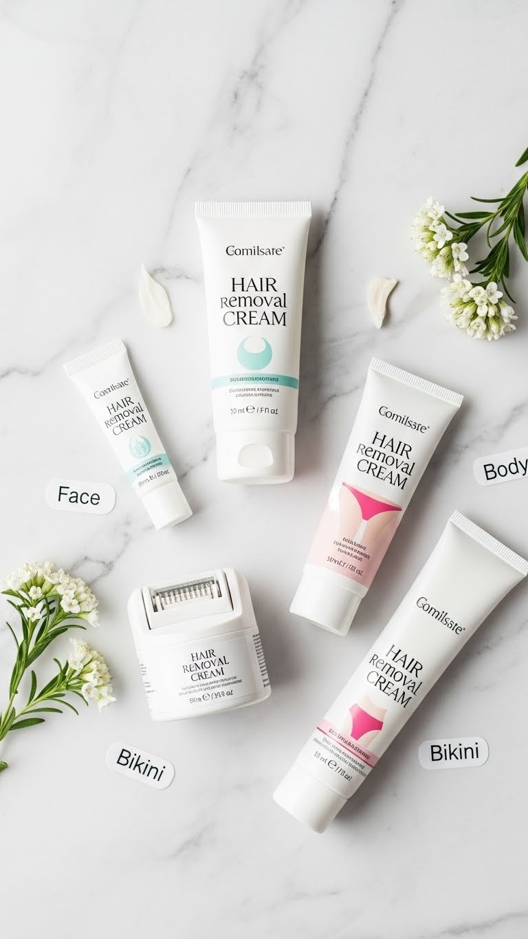 Collection of specialized hair removal cream products arranged by body area on clean marble countertop flat lay.