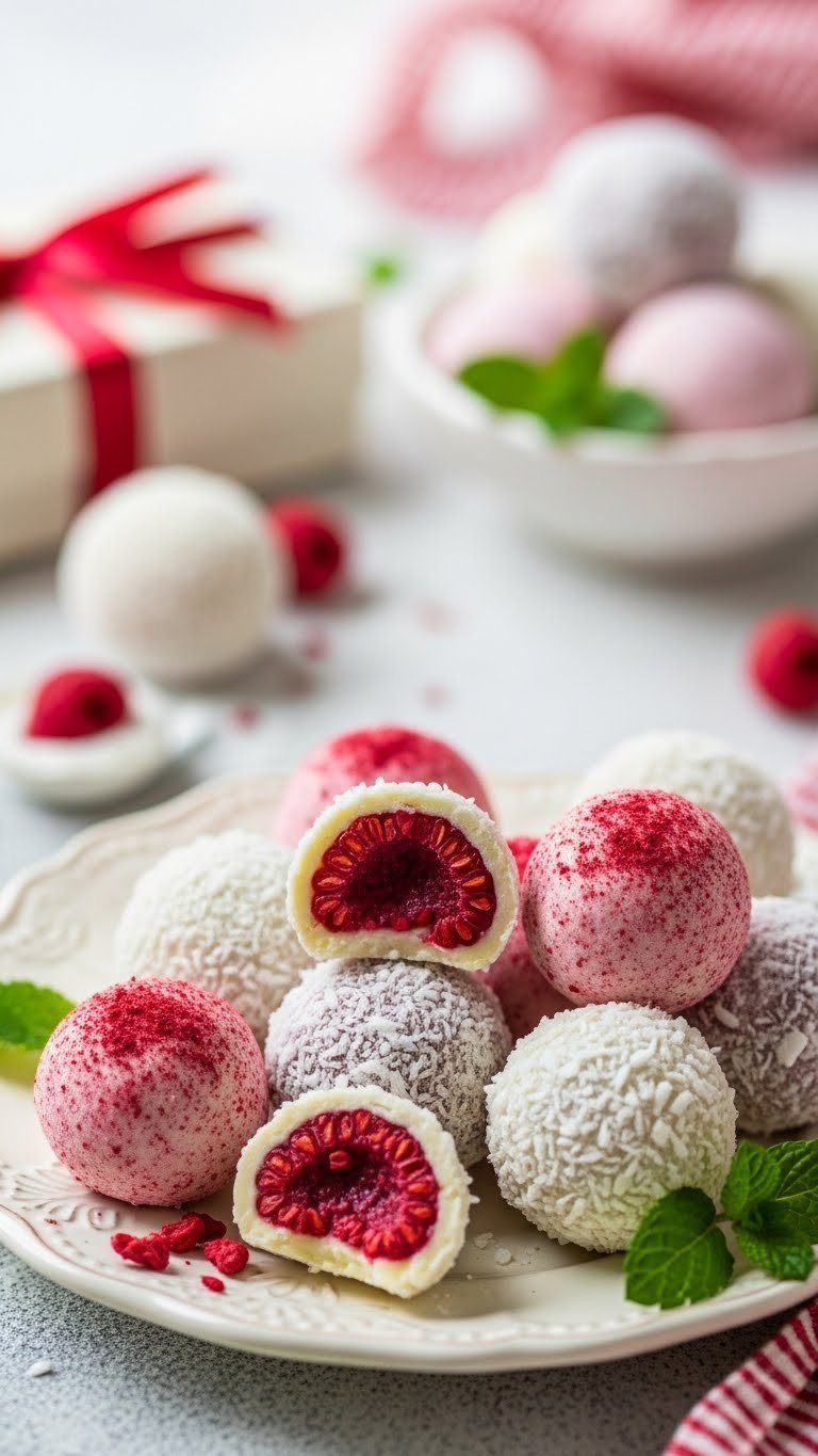 Collection of white chocolate raspberry truffles coated in powdered sugar and coconut on vintage ceramic plate.