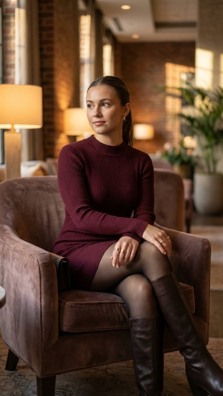 College student posing indoors, trendy winter going out outfit: ribbed mini dress, fleece tights, knee-high leather boots.