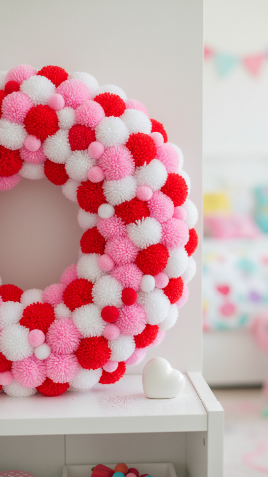Colorful Dollar Tree pom-pom Valentine wreath covered in fluffy red, pink, and white pom-poms.
