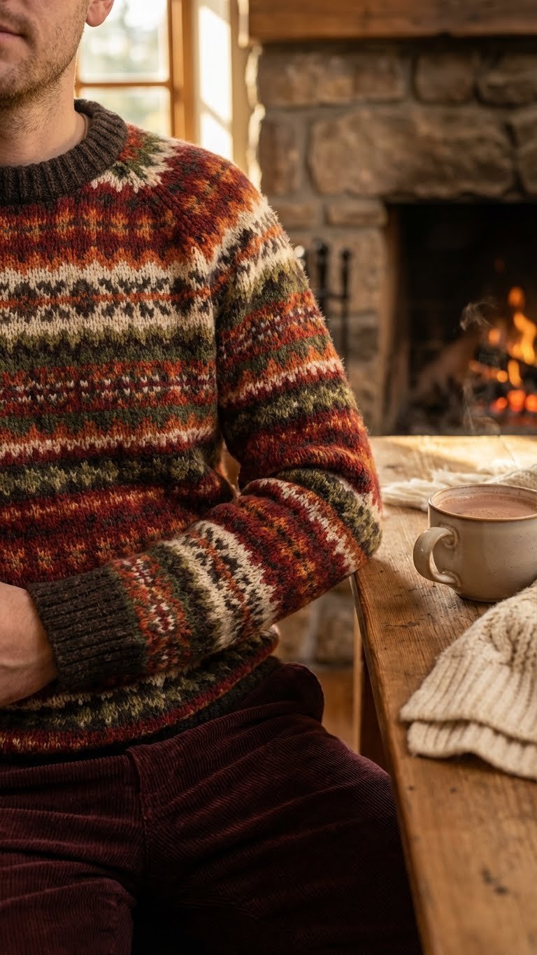 Colorful Fair Isle sweater with dark brown corduroy pants, evoking a cozy, rustic, heritage-inspired winter outfit.