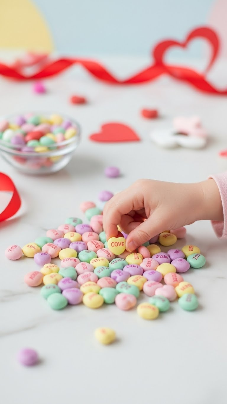 Colorful Smarties candies and conversation hearts scattered across bright surface with child's hand reaching in