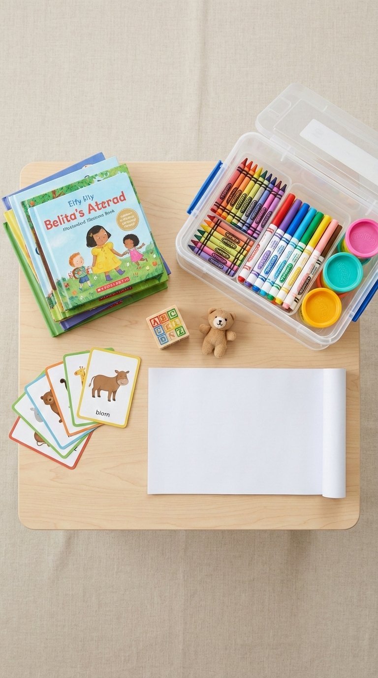 Colorful classroom supplies including children's books, art materials and educational flashcards arranged in top-down flat lay