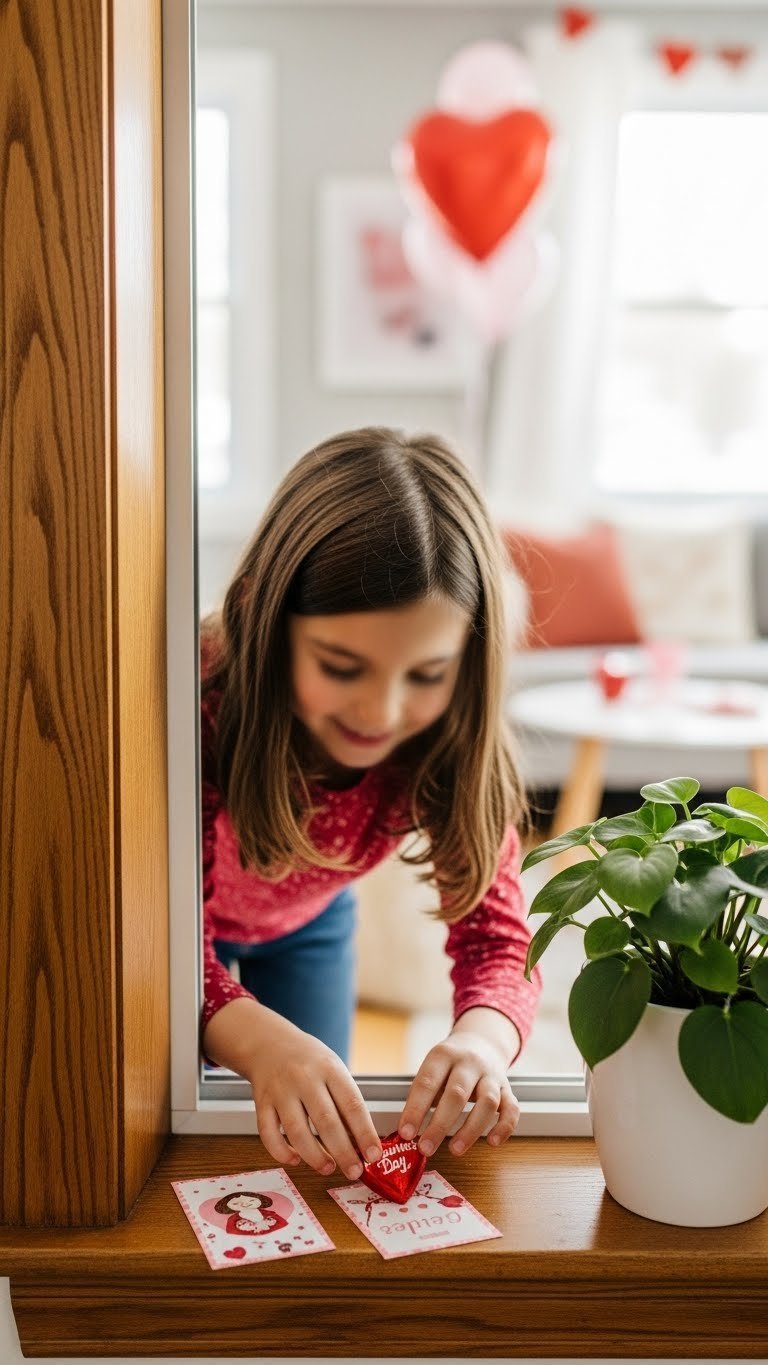 Colorful handmade Valentine's Day bookmarks with glitter accents and ribbons resting on a children's book