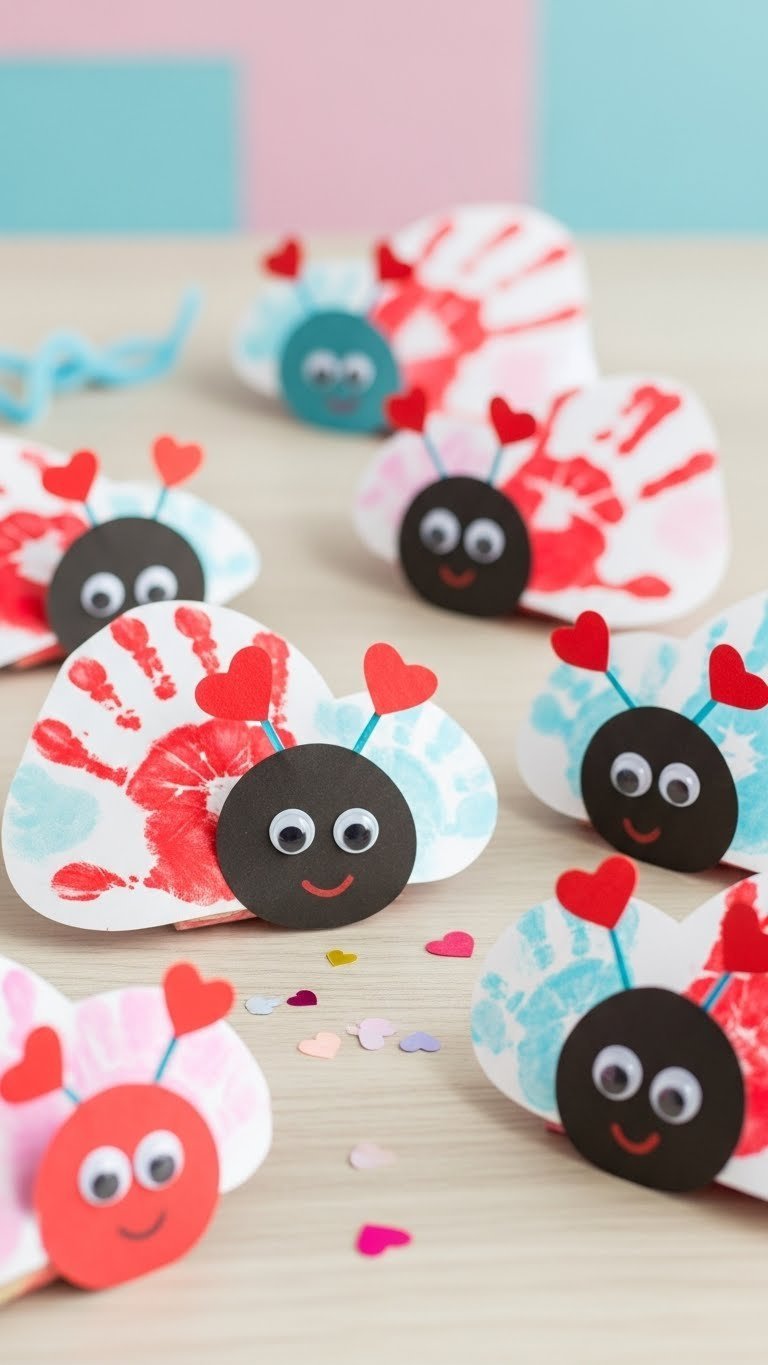 Colorful handprint love bugs with googly eyes arranged whimsically on a light wooden table with soft bokeh background