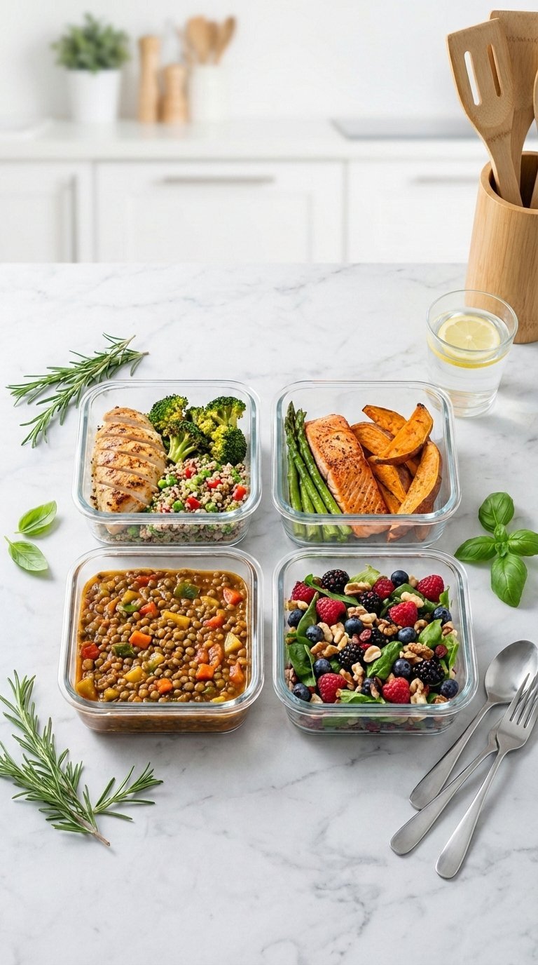 Colorful healthy prepared meals plated beautifully on kitchen counter suggesting meal delivery service