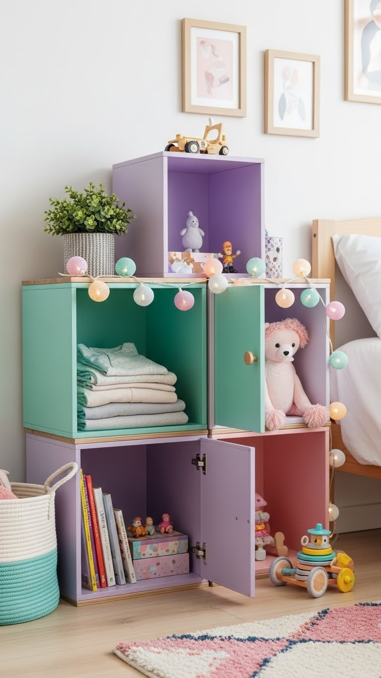 Colorful modular storage cubes and decorative baskets organized on wooden shelf with fairy lights and neatly folded clothes visible.