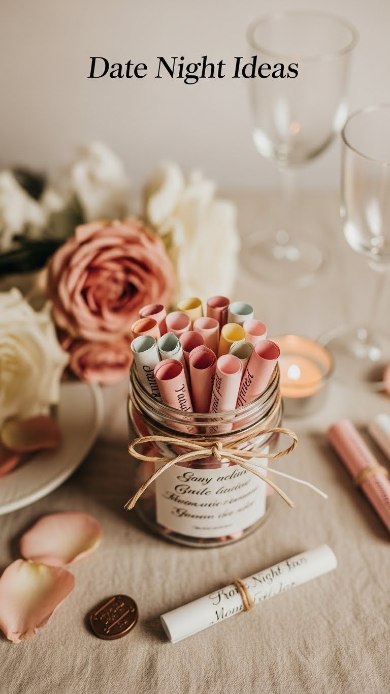 Colorful rolled date night idea slips in decorated glass jar with romantic elements on linen tablecloth