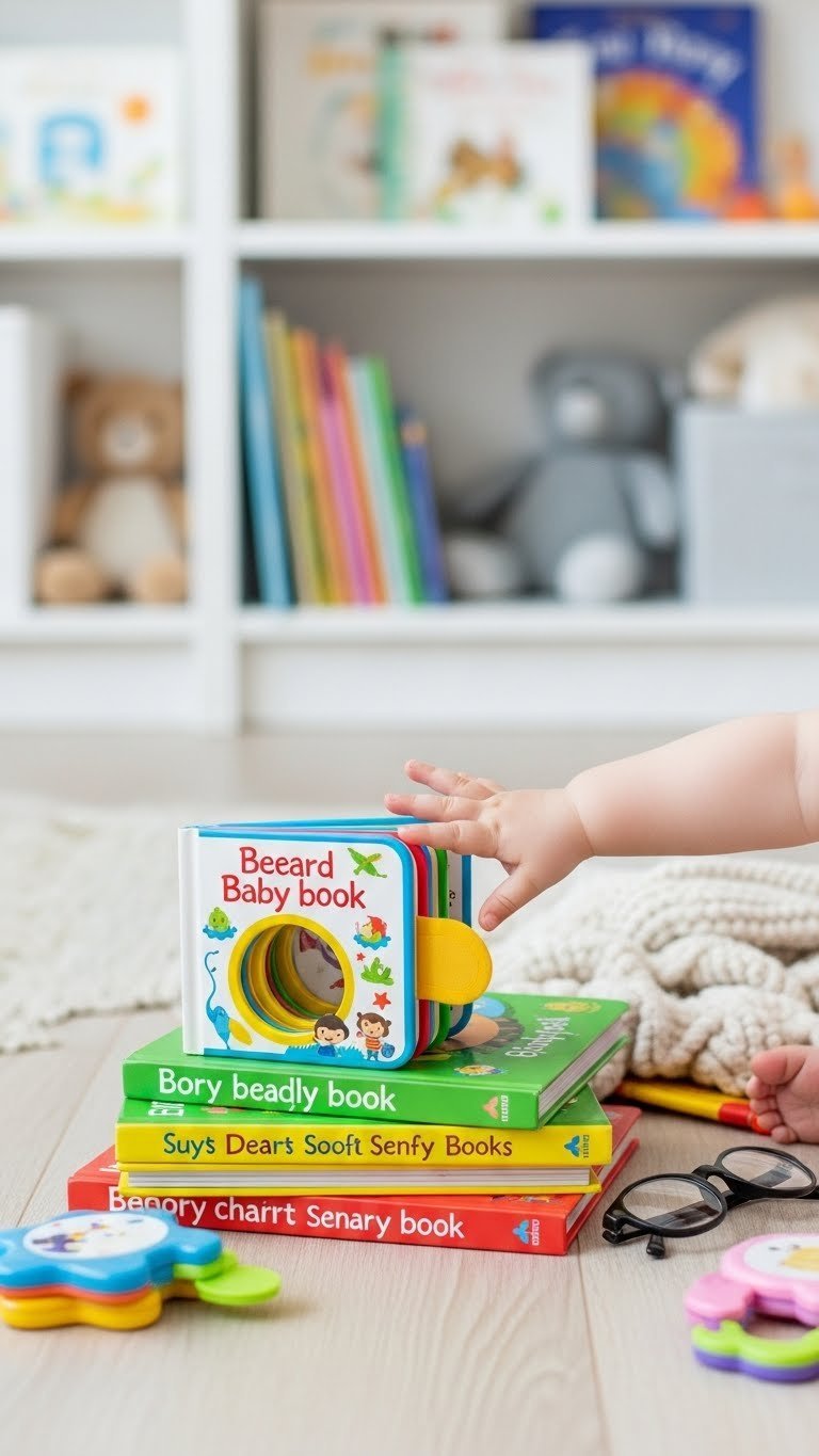 Colorful stack of educational board books with baby hand reaching toward sensory books on wood play mat