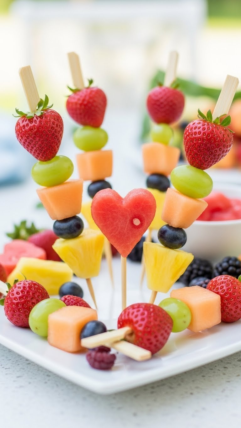 Colorful wooden skewers with fresh fruit including strawberries, grapes, and pineapple on a white serving platter