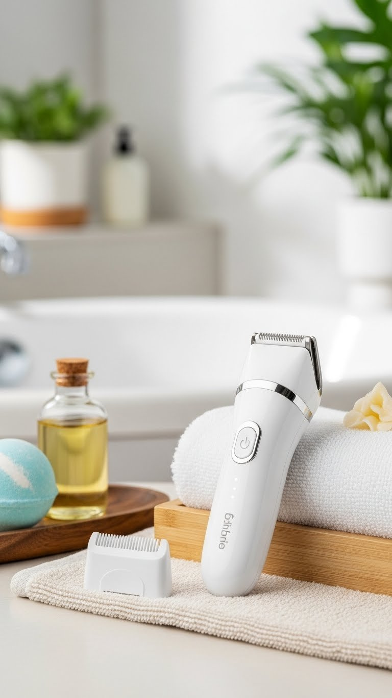 Compact cordless bikini trimmer for women with precision head on spa tray with soothing oil bottle and fluffy towel