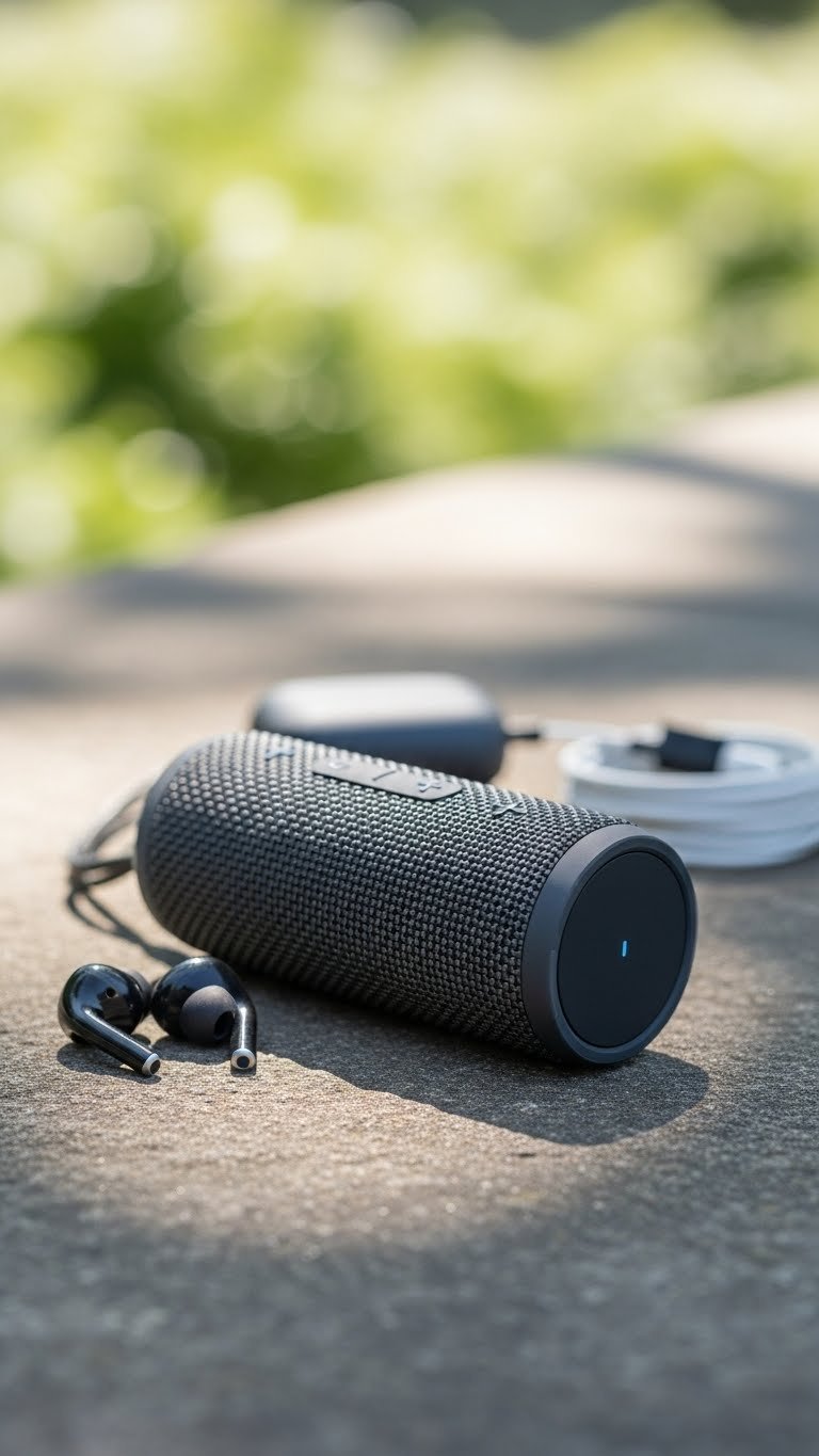 Compact dark gray portable Bluetooth speaker with fabric grille resting on weathered stone surface outdoors