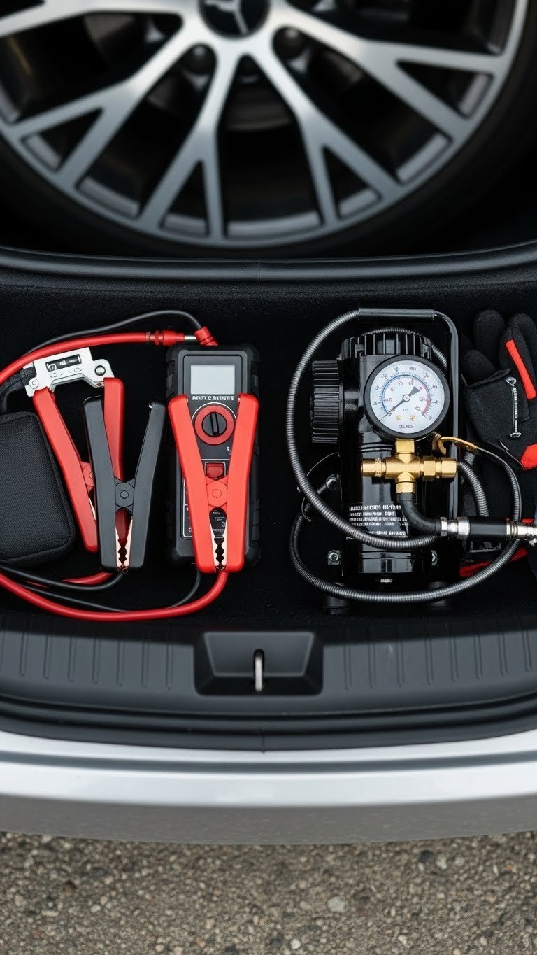 Compact high-performance jump starter and portable air compressor arranged side-by-side on textured car mat with bright daylight illumination.