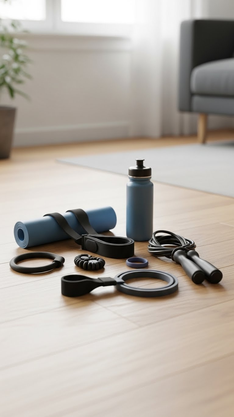 Compact home workout kit with resistance bands and jump rope arranged on light wooden floor