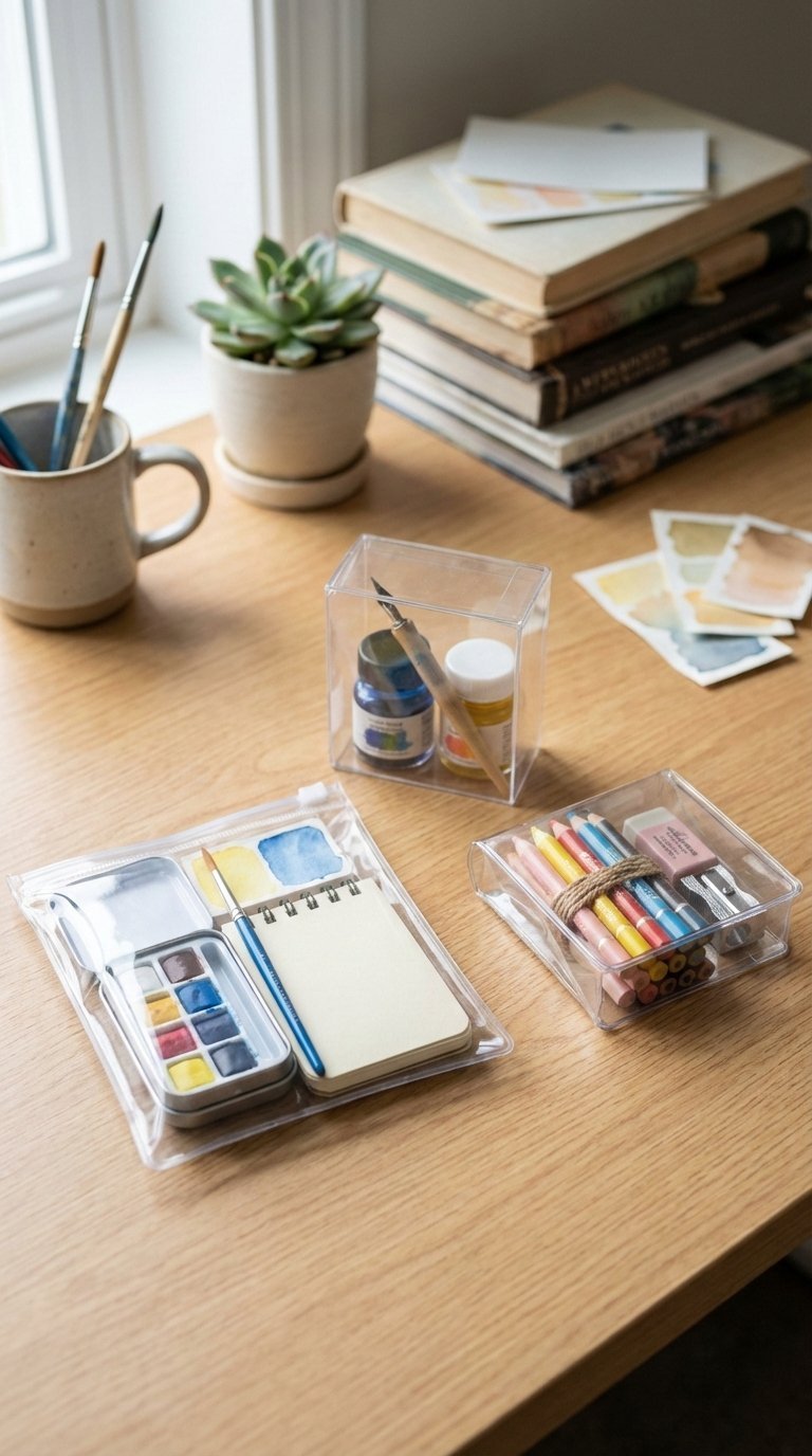 Compact inspiring creative art kits with watercolors and brushes displayed on light wooden desk surface