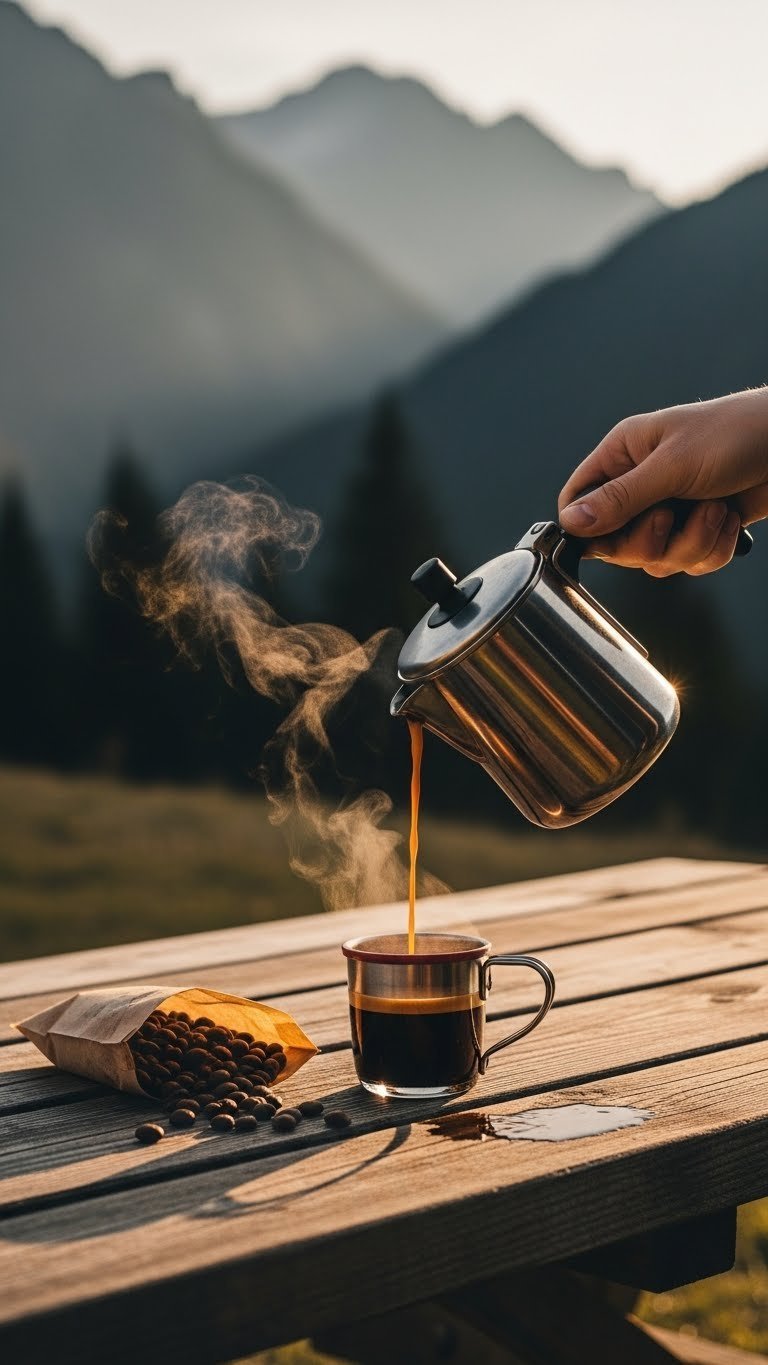 Compact portable espresso maker brewing rich espresso into travel cup against scenic mountain backdrop