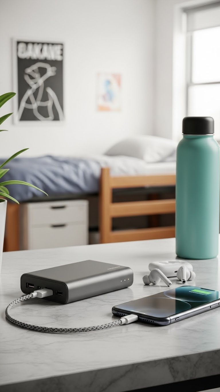 Compact power bank charging smartphone and wireless earbuds on marble countertop in dorm room