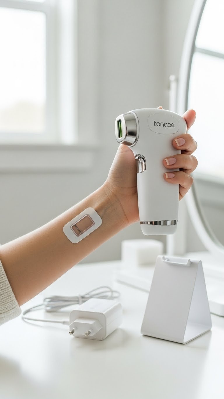 Compact professional-grade laser hair removal device held comfortably in hand against minimalist white tabletop setting