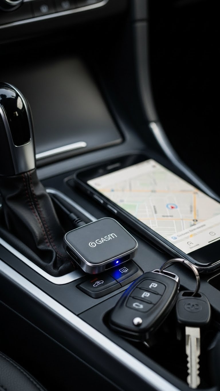 Compact smart car tracker device with blinking LED light resting discreetly on car center console with soft ambient interior lighting.