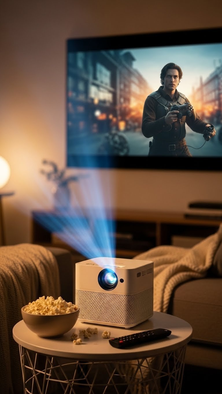 Compact smart projector casting vibrant movie scene onto wall in cozy dimly lit living room setup