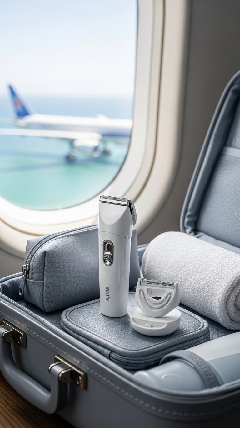 Compact travel-friendly women's electric trimmer and shaver kit arranged with travel pouch on suitcase interior