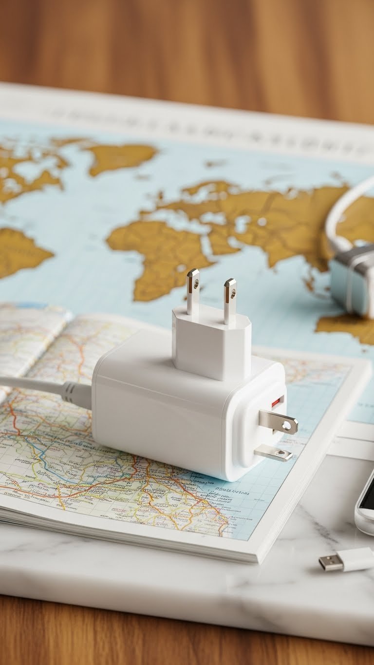 Compact universal travel adapter with extended prongs resting on textured map for international travel