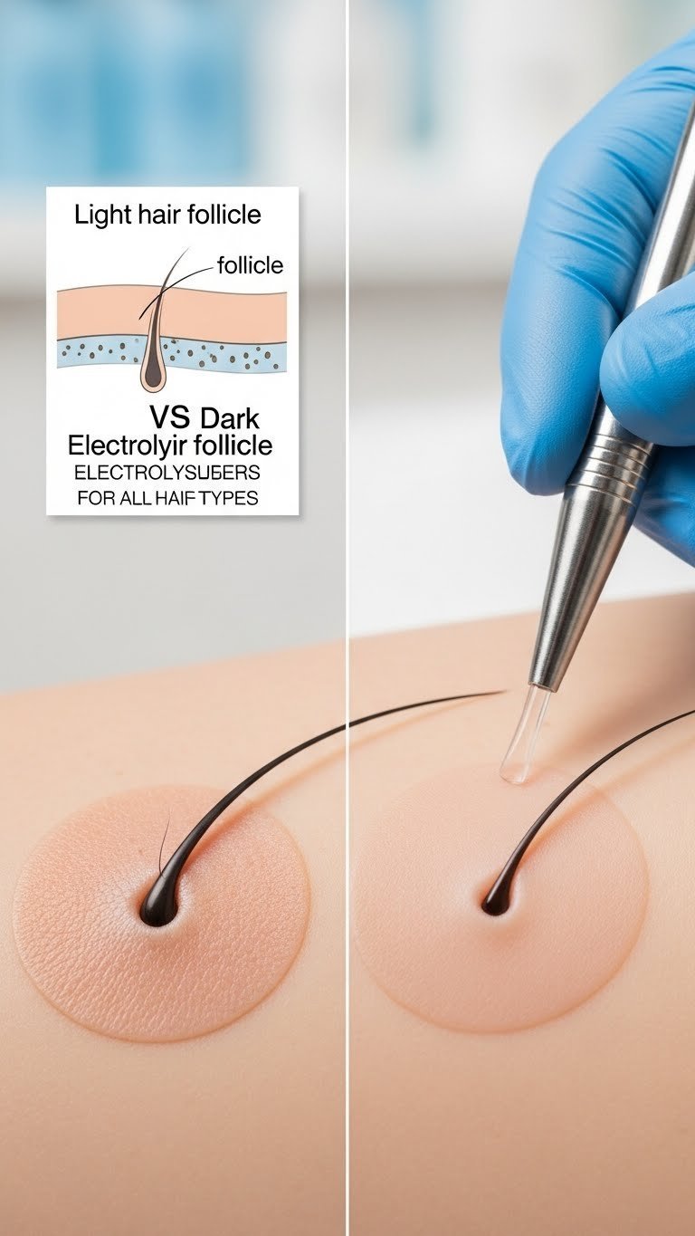 Comparison image demonstrating electrolysis effectiveness on light-colored hair versus smooth hair-free skin