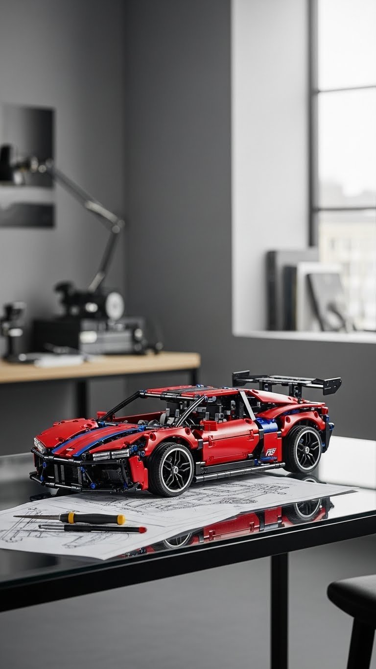 Complex LEGO Technic car model showcasing functional mechanisms on sleek black glass table with technical details