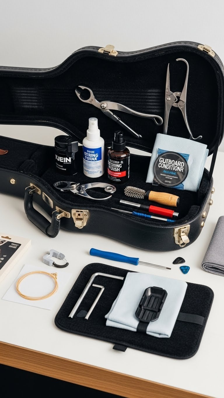 Comprehensive guitar maintenance kit with string tools, polish and cloths arranged on workshop bench top-down view.