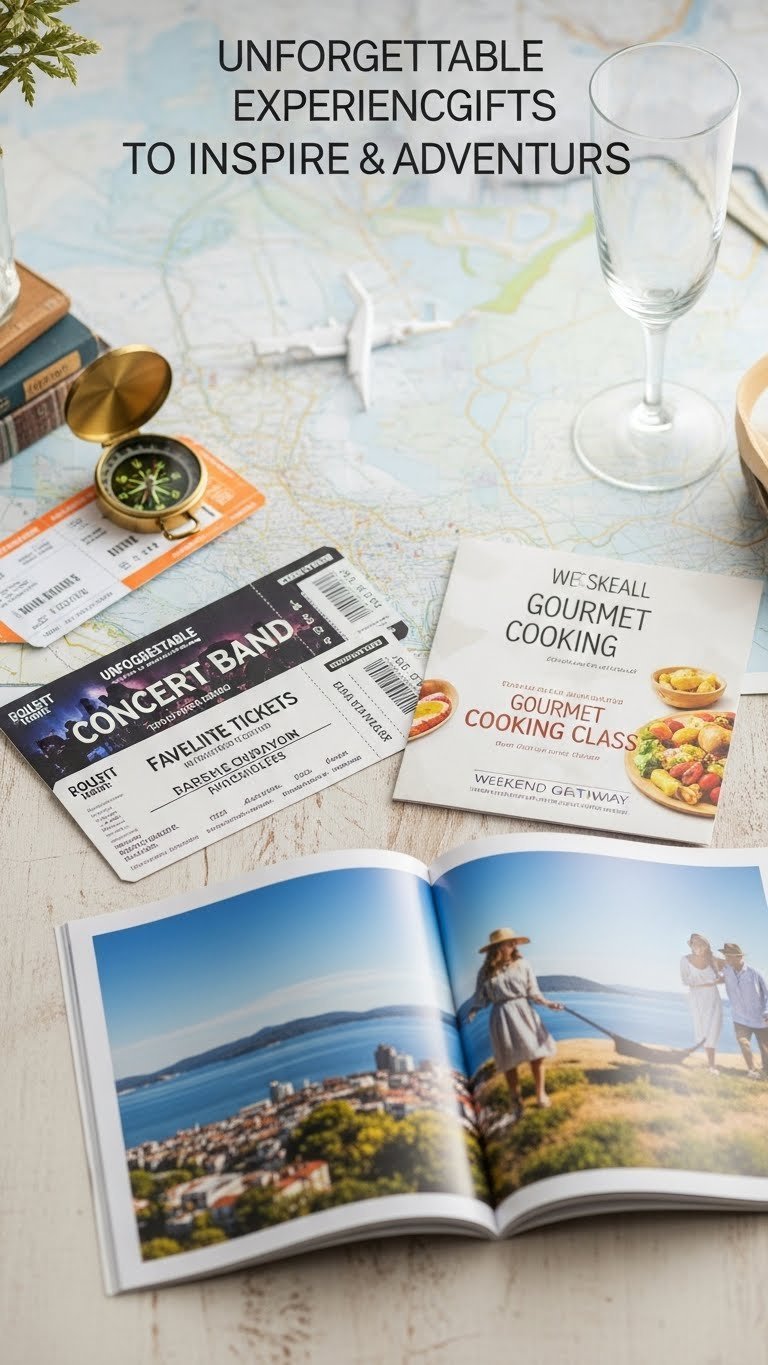 Concert tickets, cooking class voucher, and getaway brochure fanned out for experience gifts