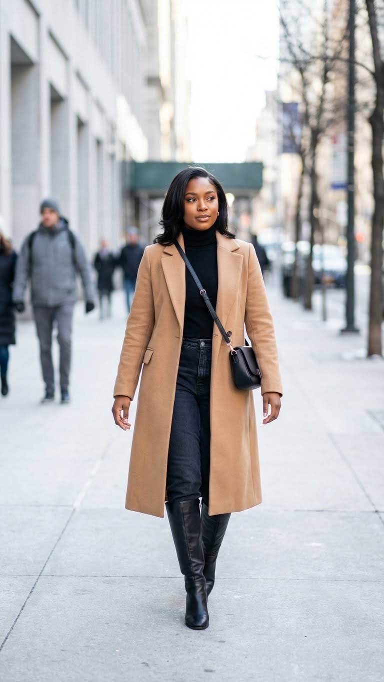 Confident Black woman in elegant camel wool coat, black turtleneck, and leather boots strolls city street fashionably.