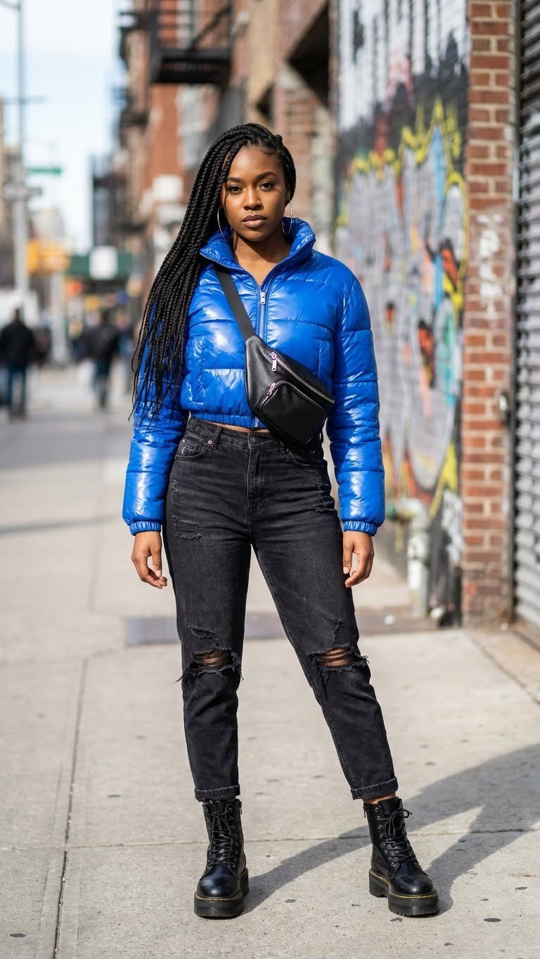 Confident Black woman in metallic puffer jacket, distressed jeans, combat boots, and fanny pack on urban street.