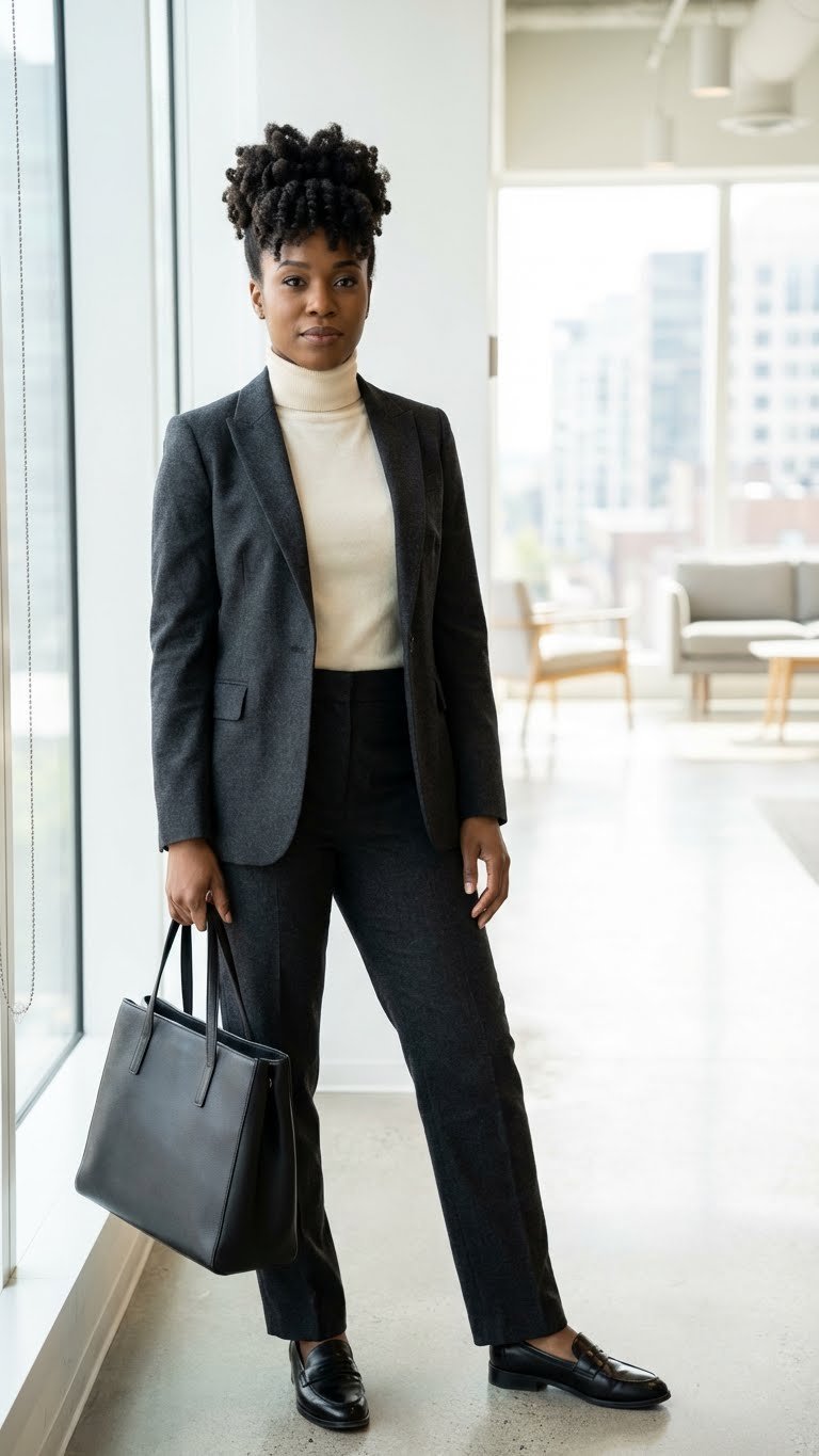 Confident Black woman in tailored grey wool power suit, ivory turtleneck, and leather tote in modern office.