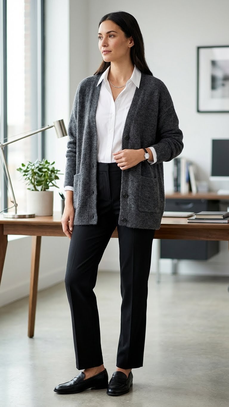 Confident female professional wears a heather grey long cardigan, white shirt, black pants, and loafers in a modern office.