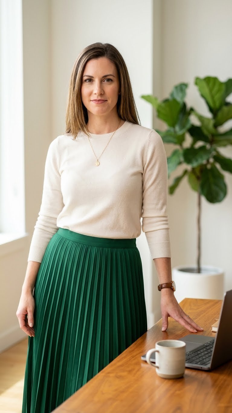 Confident female professional wears an emerald green pleated midi skirt, ivory sweater, and gold necklace in a modern office.