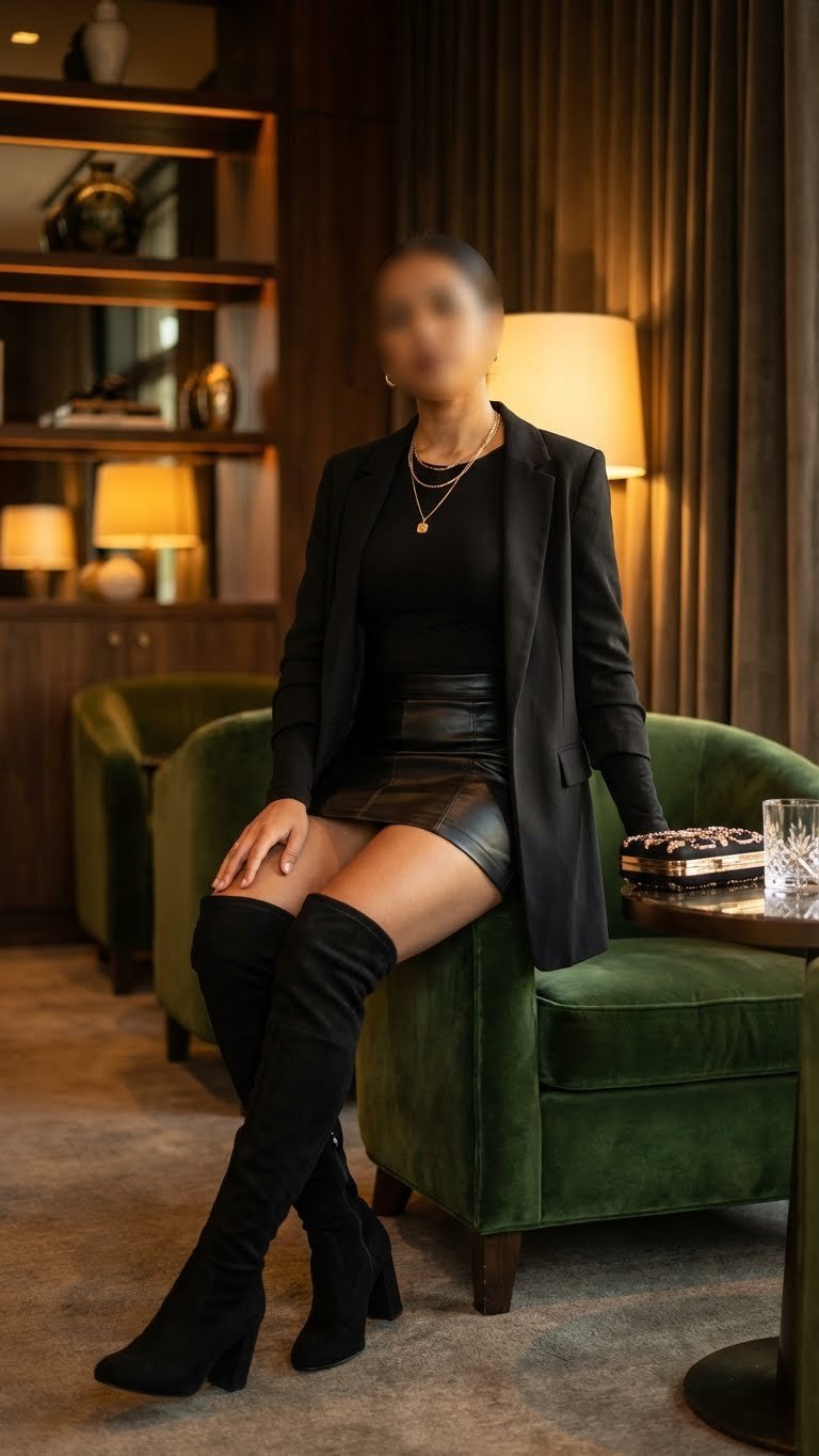 Confident individual in a daring black faux leather mini skirt, long-sleeve top, and over-the-knee boots in an upscale lounge.